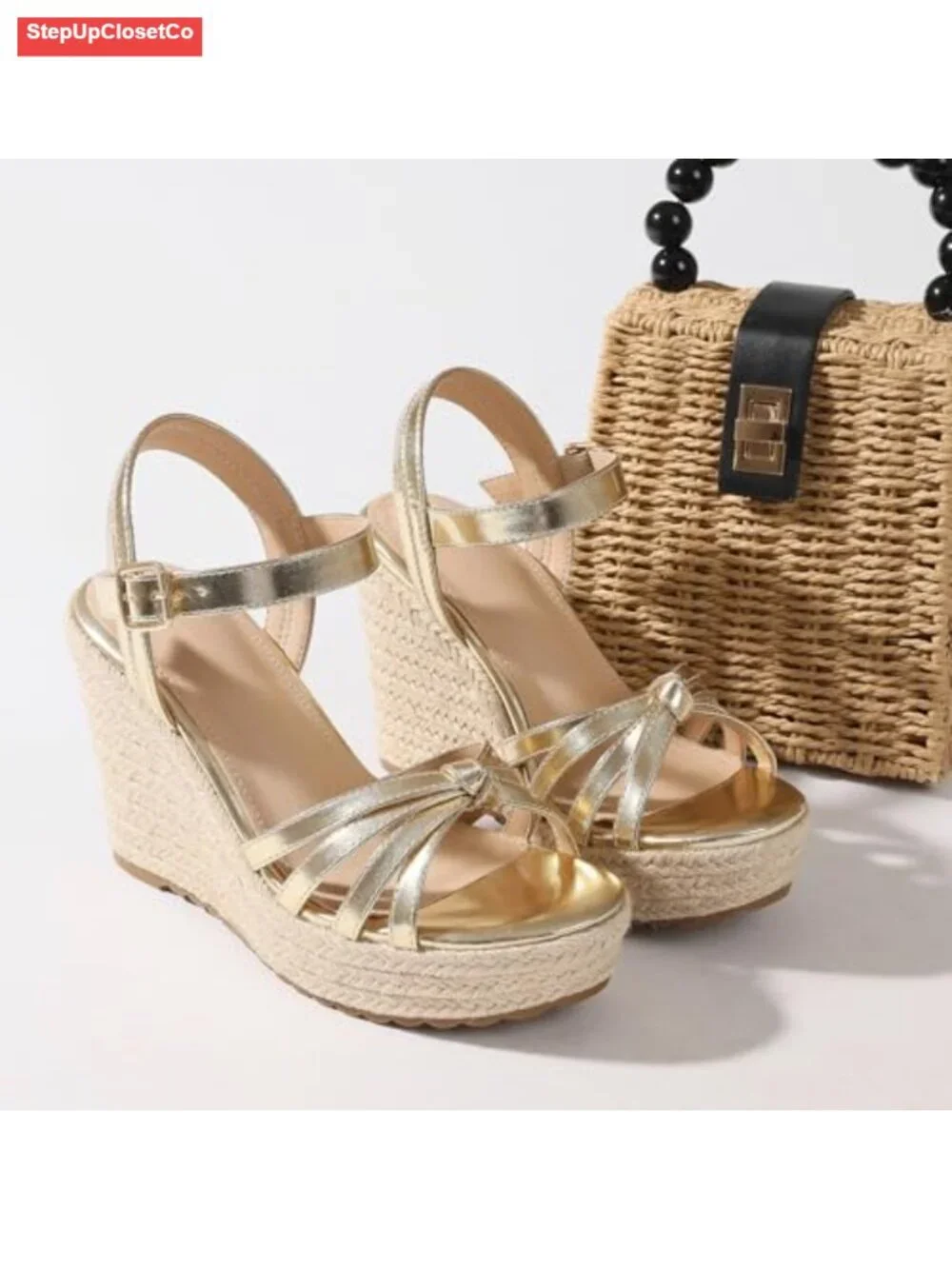 Linen Straw Espadrille Wedge Sandals | Open Toe Platform with Adjustable Buckle